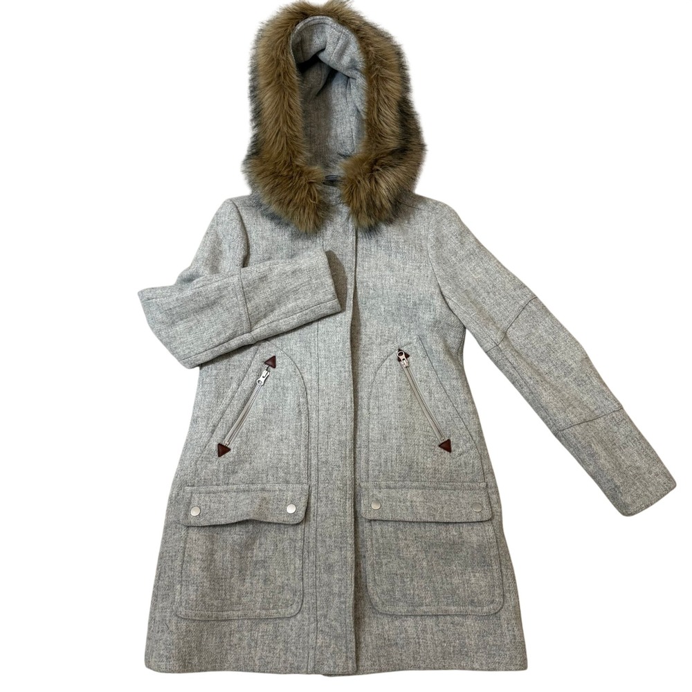 J.Crew Chateau Parka Italian Stadium-Cloth Wool Grey Faux Fur Hood Coat Size 0